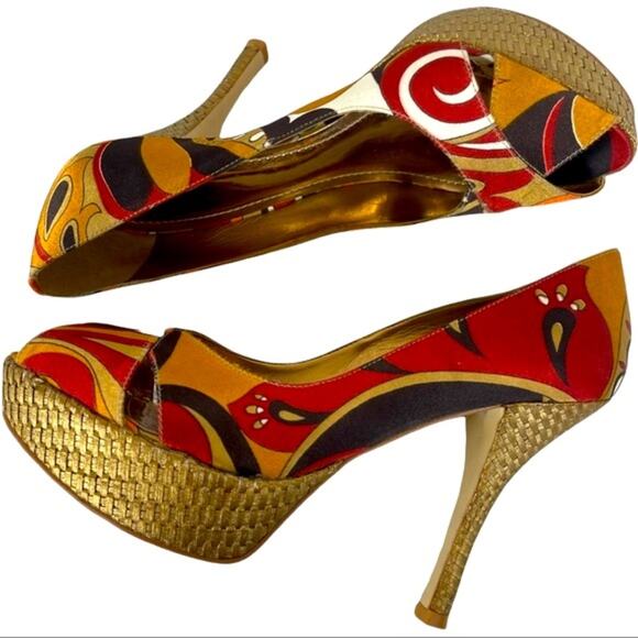 Sergio Zelcer Handmade Platform Retro Mod Print Peep Toe Platform Shoe Size 8 - Picture 2 of 11